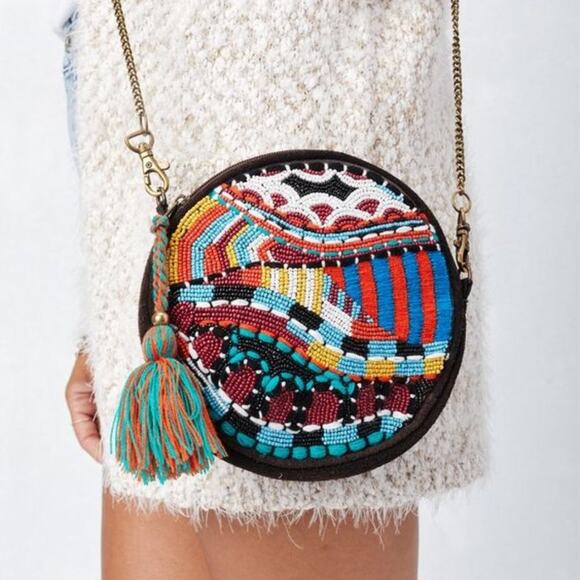 Lovestitch Bohemian Beaded Purse Multicolor Suede Tassel Details 7” x 7”x 2” - Picture 1 of 8